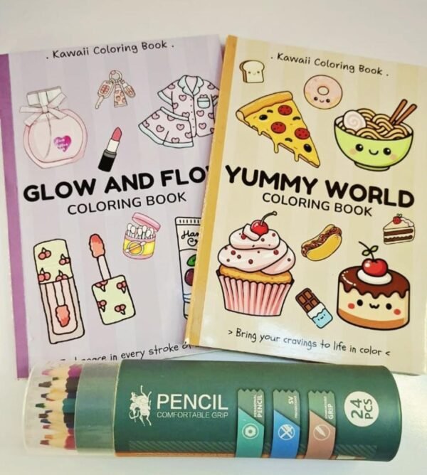 Yummy World + Glow & Flow Coloring Books with 24 Color Pencils
